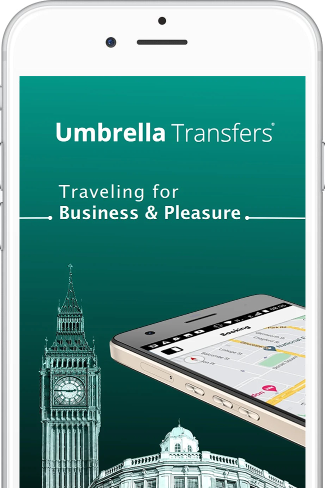 Umbrella Transfers Logo, Bigben ,westminister building and iphone in a Mobile Banner